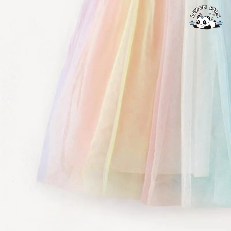 LEZONKIDS - Vestido de Menina Unicórnio Impresso Personalizável por Atacado com Mangas Curtas e Tule, Vestido Pufle de Arco-íris